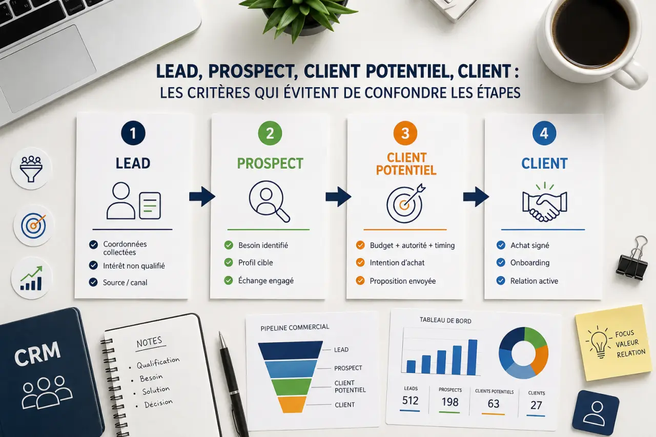 Lead, prospect, client potentiel, client : les critères qui évitent de confondre les étapes