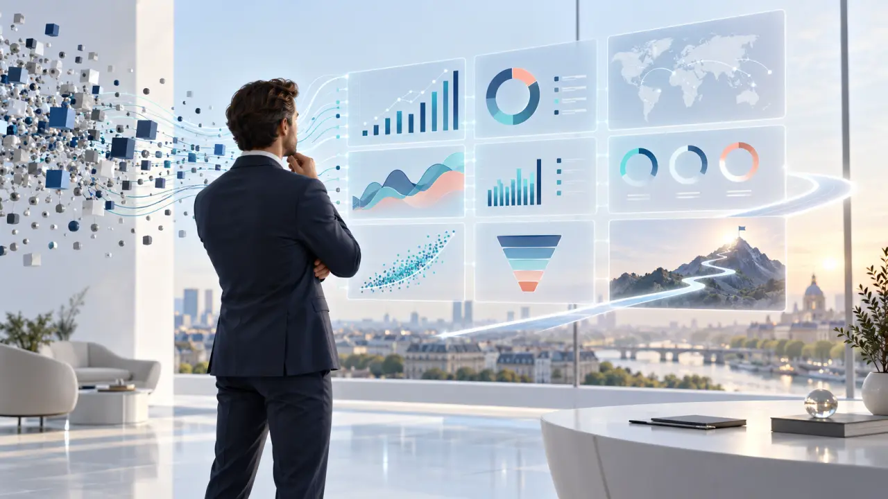Tableau de bord stratégique présentant des indicateurs de performance et des flux de données